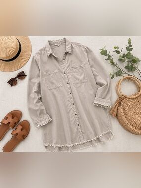 Veveret Large Beige Frayed Hem Button Front Shirt Dress Beach Cover Up Boho